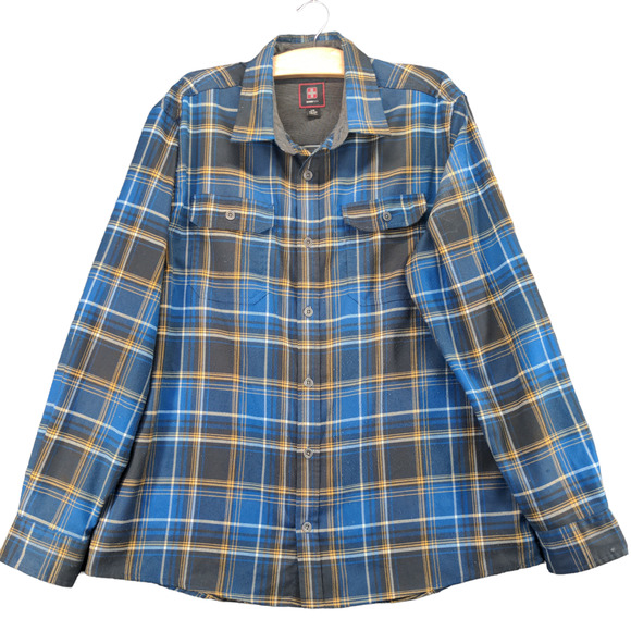 Swiss Tech Mens Button-Up Shirt Blue Plaid Large Chest Flap Pockets - Picture 1 of 14